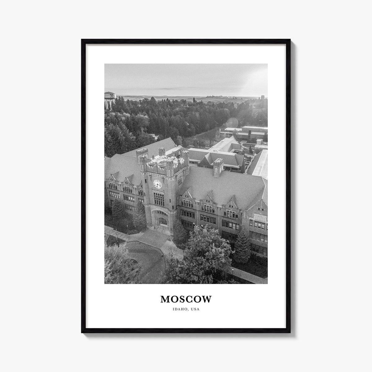 Moscow, Idaho black & white classic poster of Idaho, USA – vertical wall art, unframed print shown in interior mockup