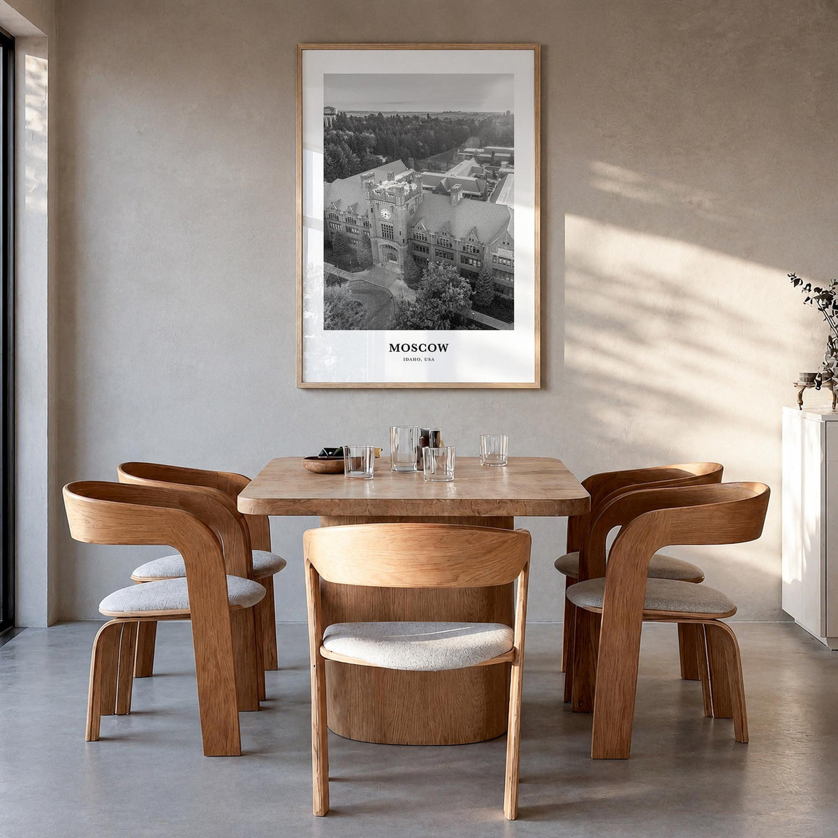 Moscow, Idaho black & white classic poster of Idaho, USA – vertical wall art in natural wood frame, hanging on wall