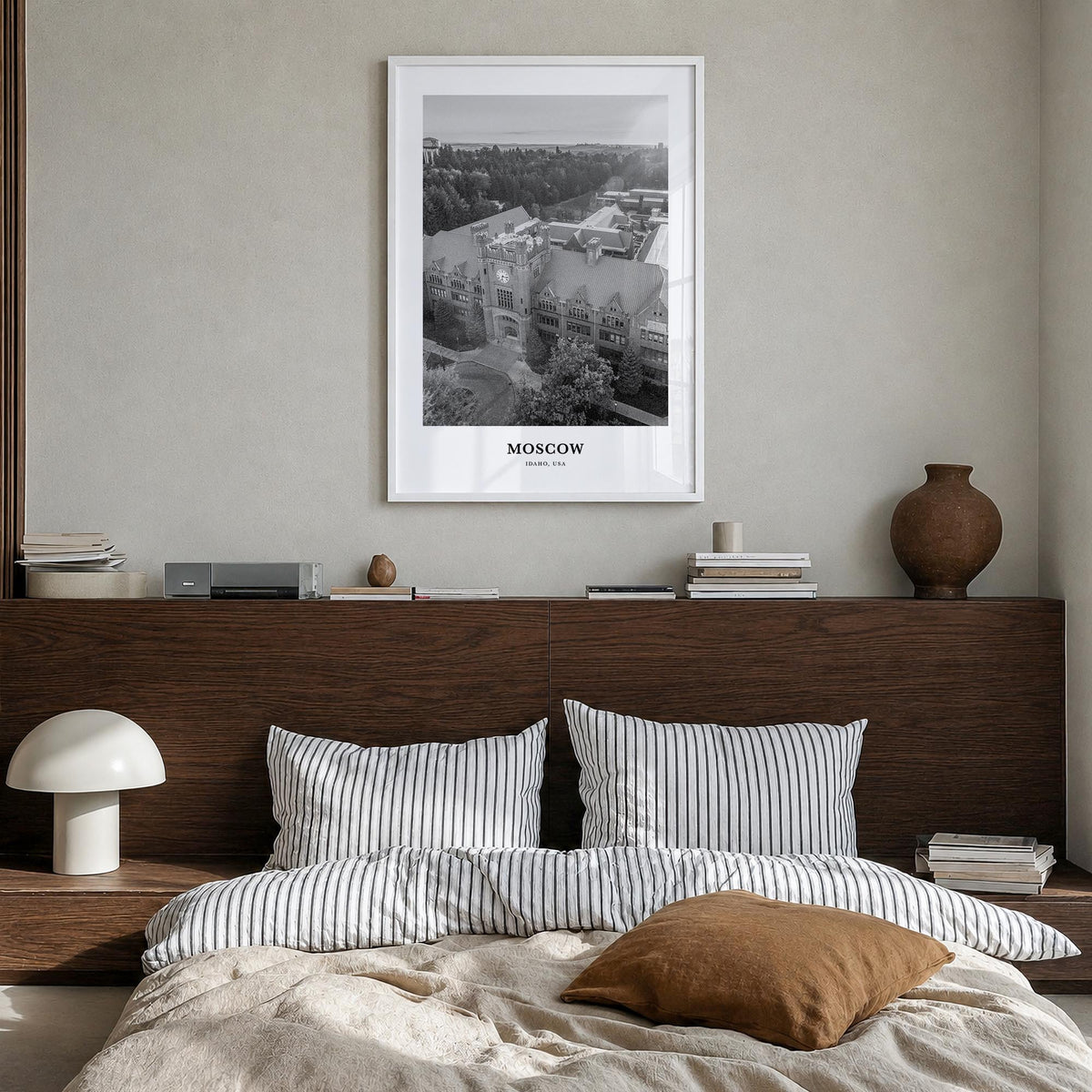 Moscow, Idaho black & white classic poster of Idaho, USA – vertical wall art in white wood frame, hanging on wall