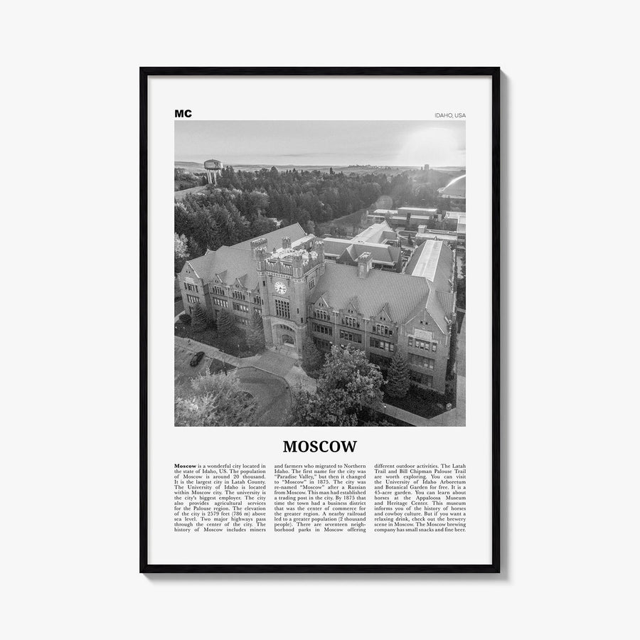 Moscow, Idaho black & white newspaper poster of Idaho, USA – vertical wall art, unframed print shown in interior mockup