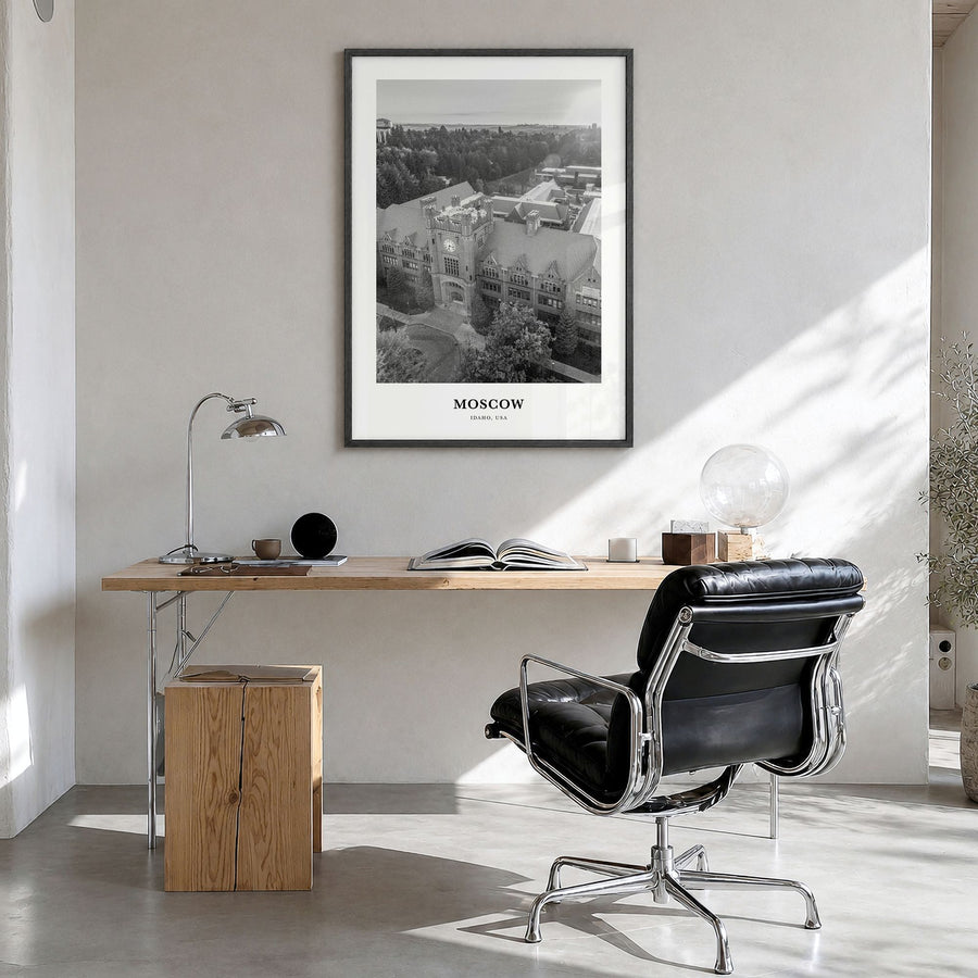 Moscow, Idaho Classic Poster in a black wood frame, hanging in a bright home office