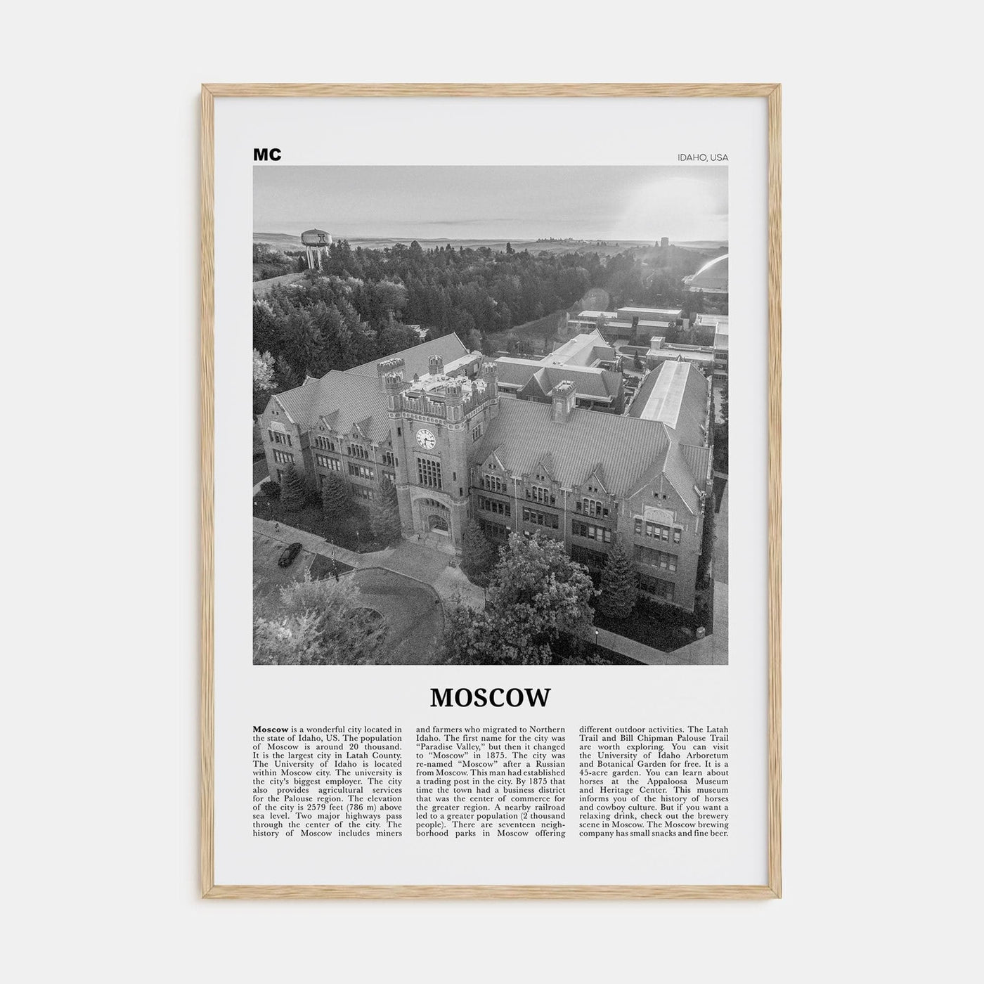 Moscow, Idaho Poster Natural Wood / 8x12 in Nbourhood Travel B&W Poster