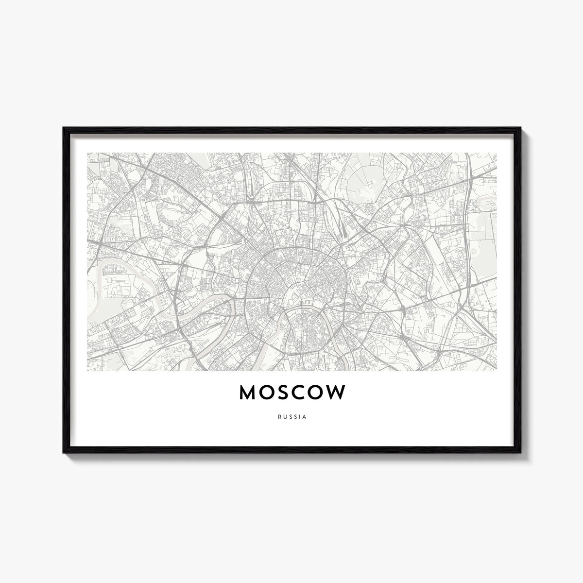 Moscow, Russia black & white map poster of Russia – horizontal wall art, unframed print shown in interior mockup