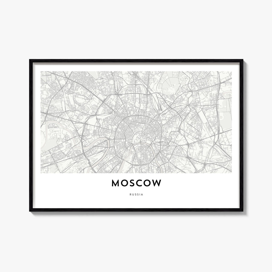 Moscow, Russia black & white map poster of Russia – horizontal wall art, unframed print shown in interior mockup