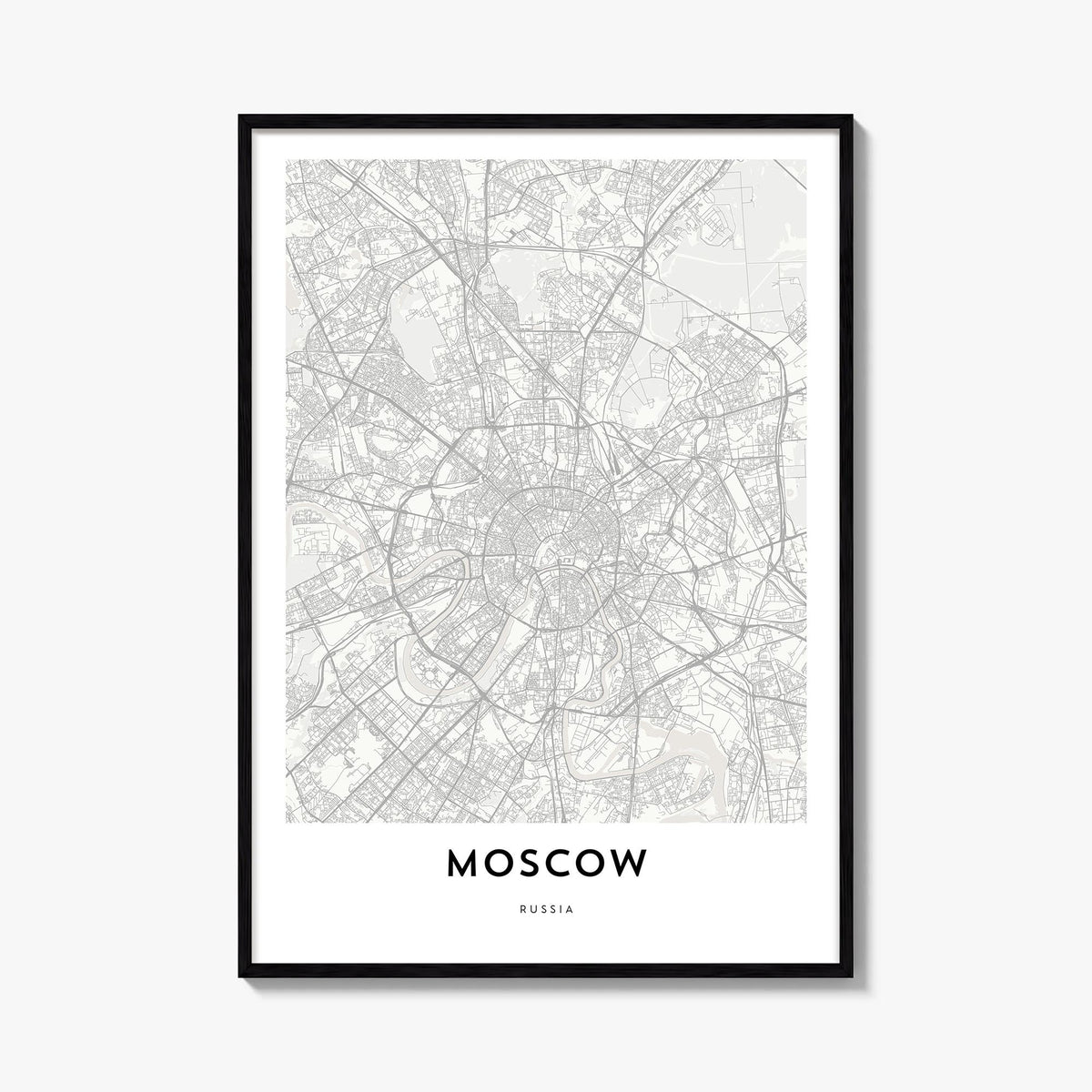 Moscow, Russia black & white map poster of Russia – vertical wall art, unframed print shown in interior mockup
