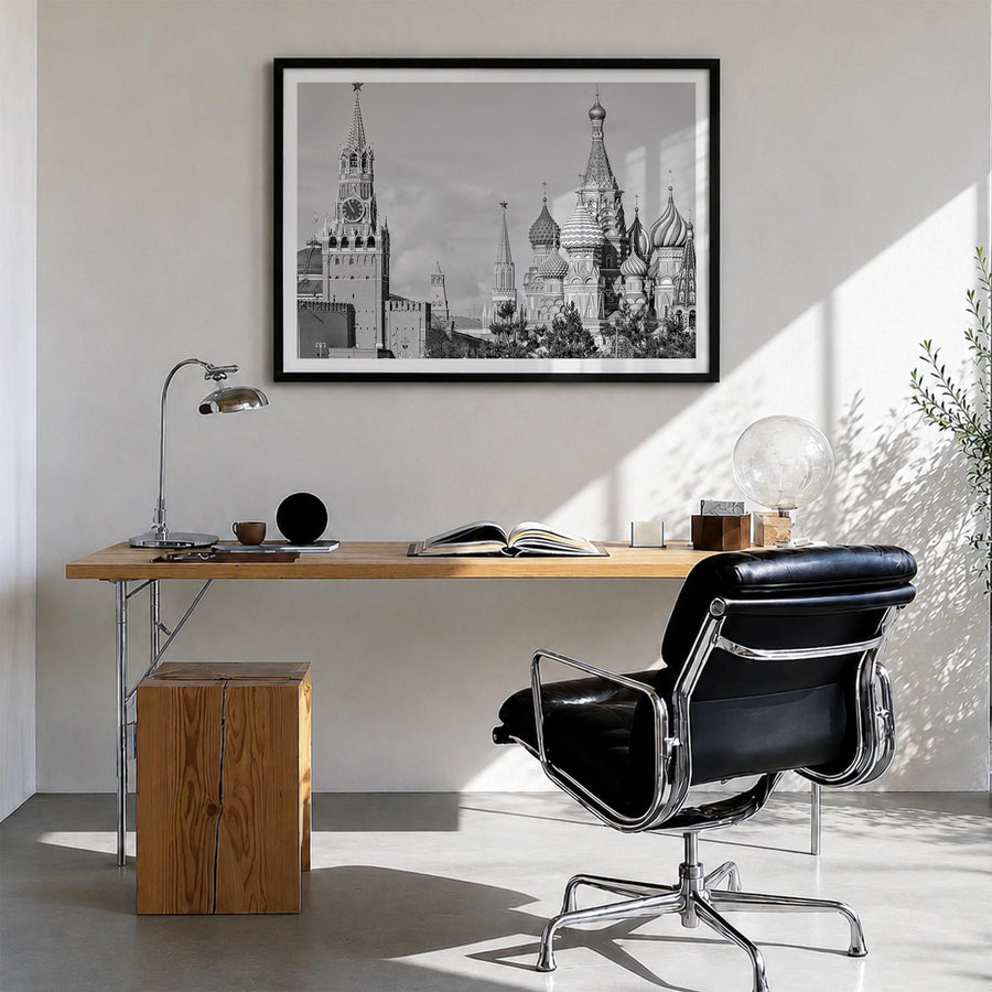 Moscow, Russia black & white photo poster of Russia – horizontal wall art in black wood frame with white border, hanging on w