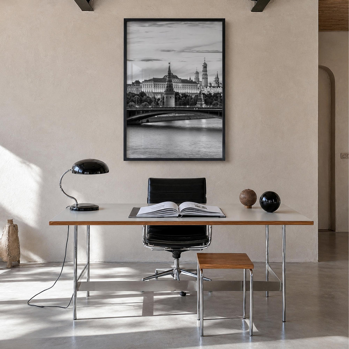 Moscow, Russia black & white photo poster of Russia – vertical wall art in black wood frame, hanging on wall