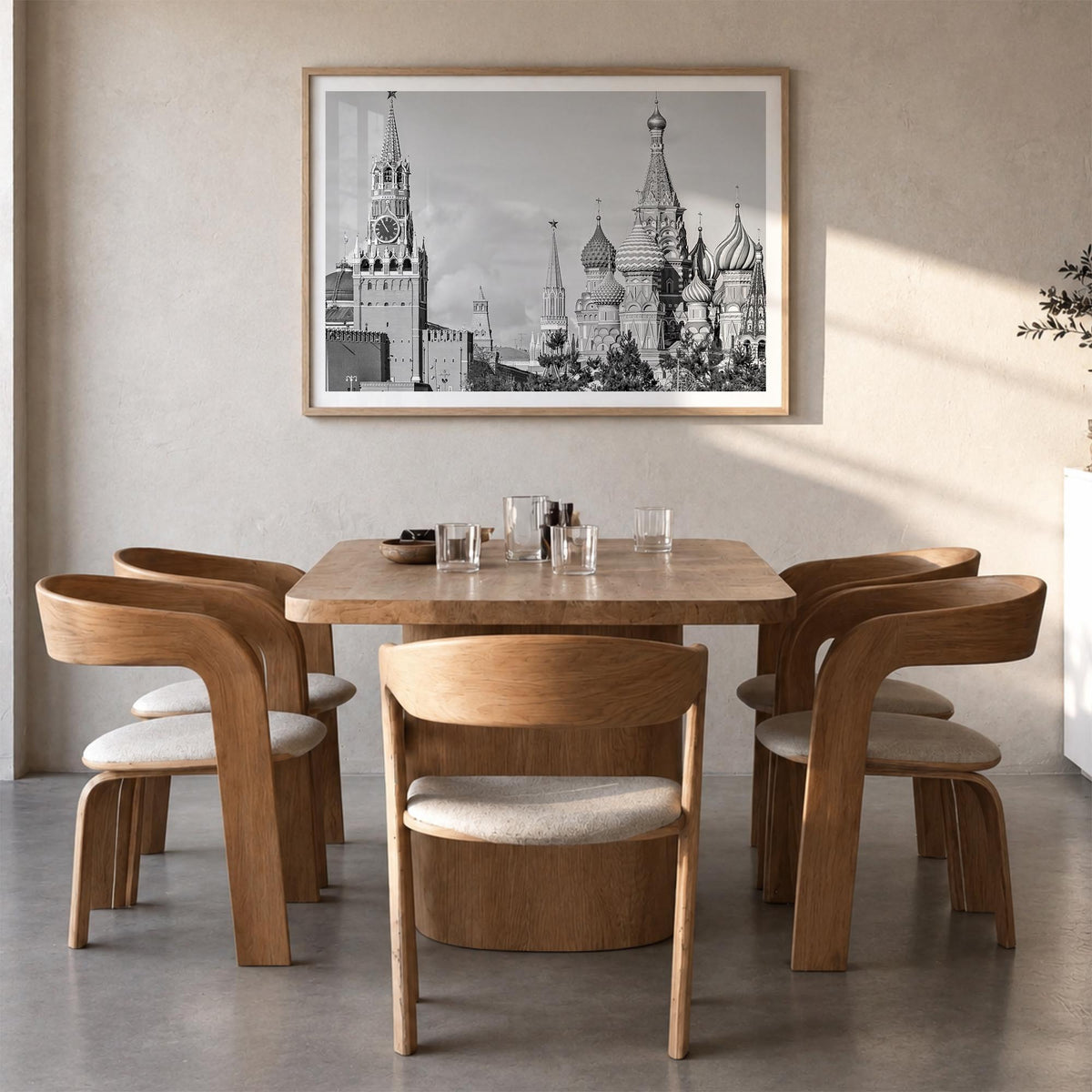 Moscow, Russia black & white photo poster of Russia – horizontal wall art in natural wood frame with white border, hanging on