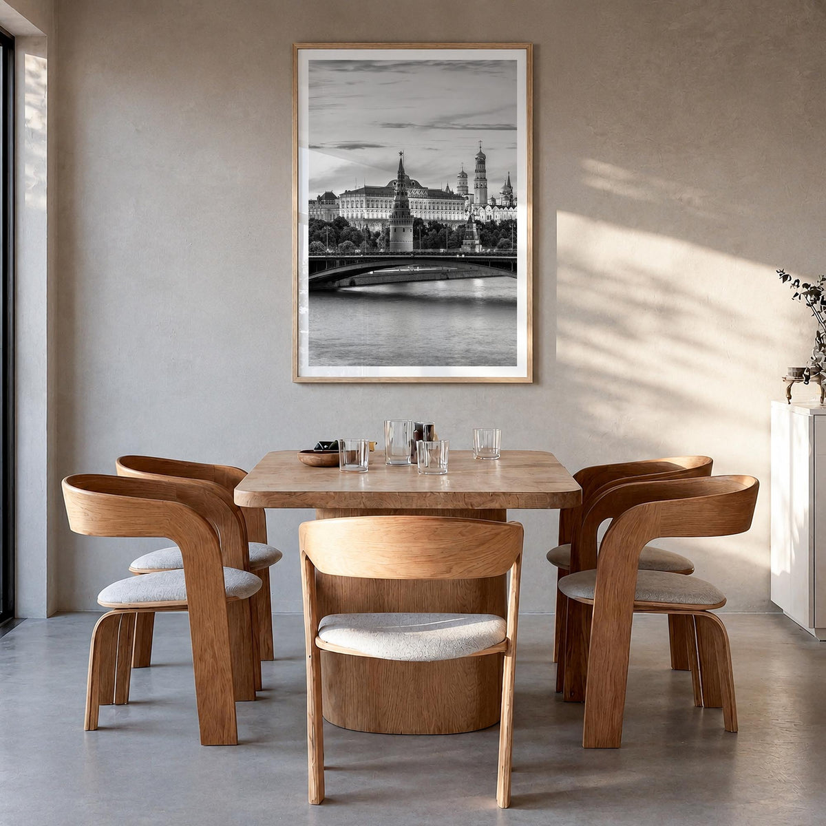 Moscow, Russia black & white photo poster of Russia – vertical wall art in natural wood frame with white border, hanging on w