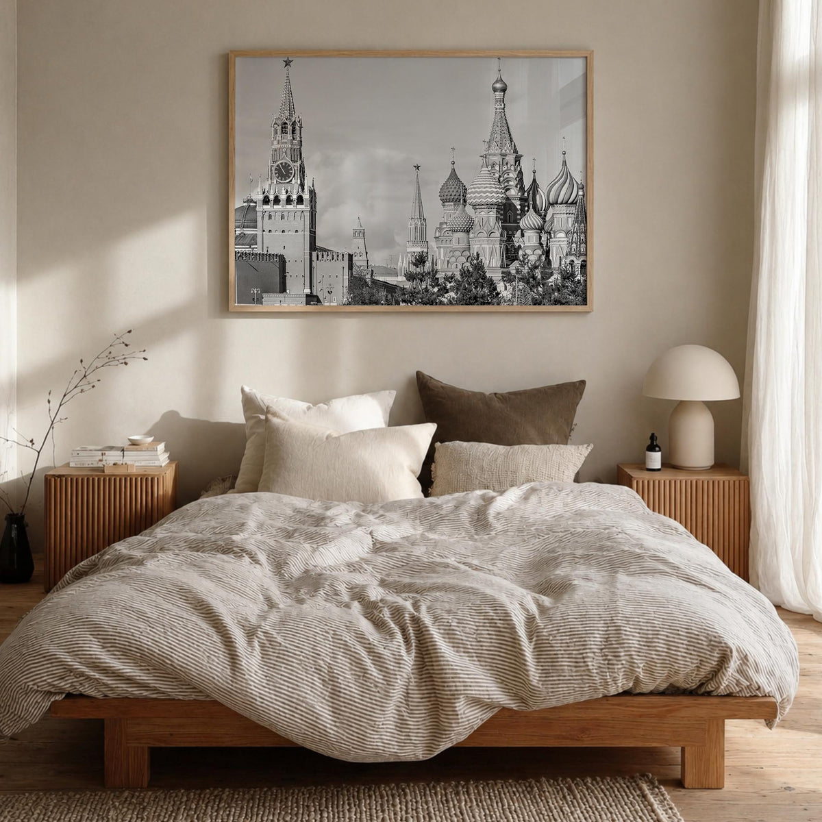 Moscow, Russia black & white photo poster of Russia – horizontal wall art in natural wood frame, hanging on wall