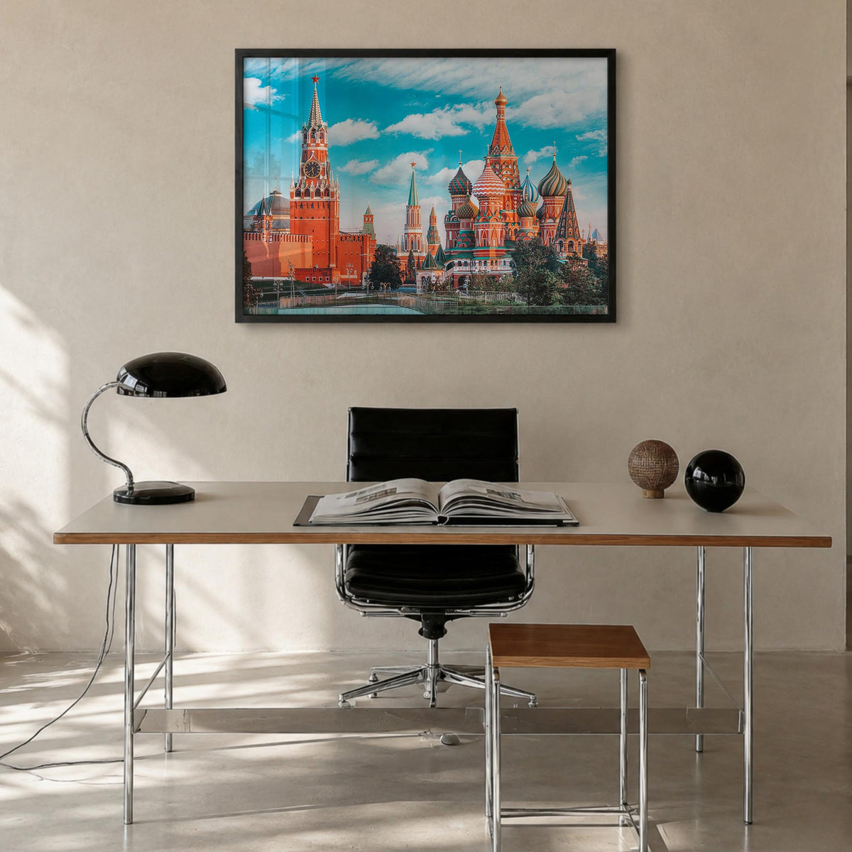Moscow, Russia colorful photo poster of Russia – horizontal wall art in black wood frame, hanging on wall