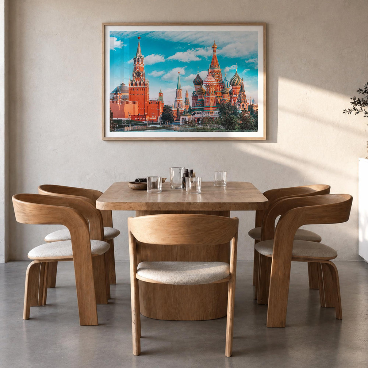 Moscow, Russia colorful photo poster of Russia – horizontal wall art in natural wood frame with white border, hanging on wall