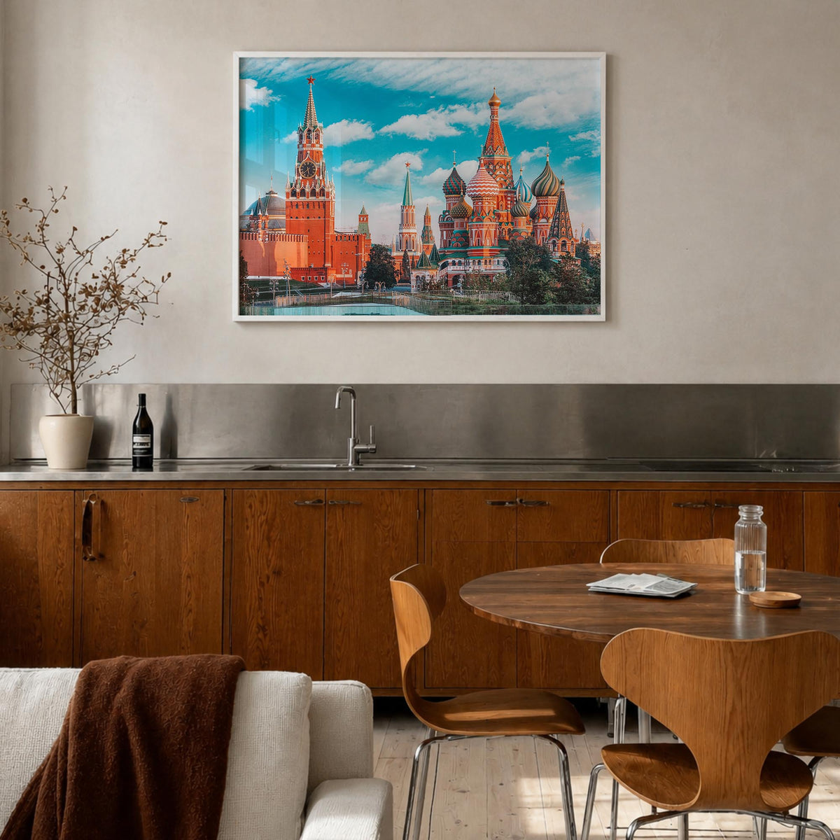 Moscow, Russia colorful photo poster of Russia – horizontal wall art in white wood frame, hanging on wall
