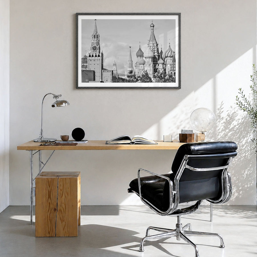 Moscow, Russia Photo Poster in a black wood frame, hanging in a bright home office, white border