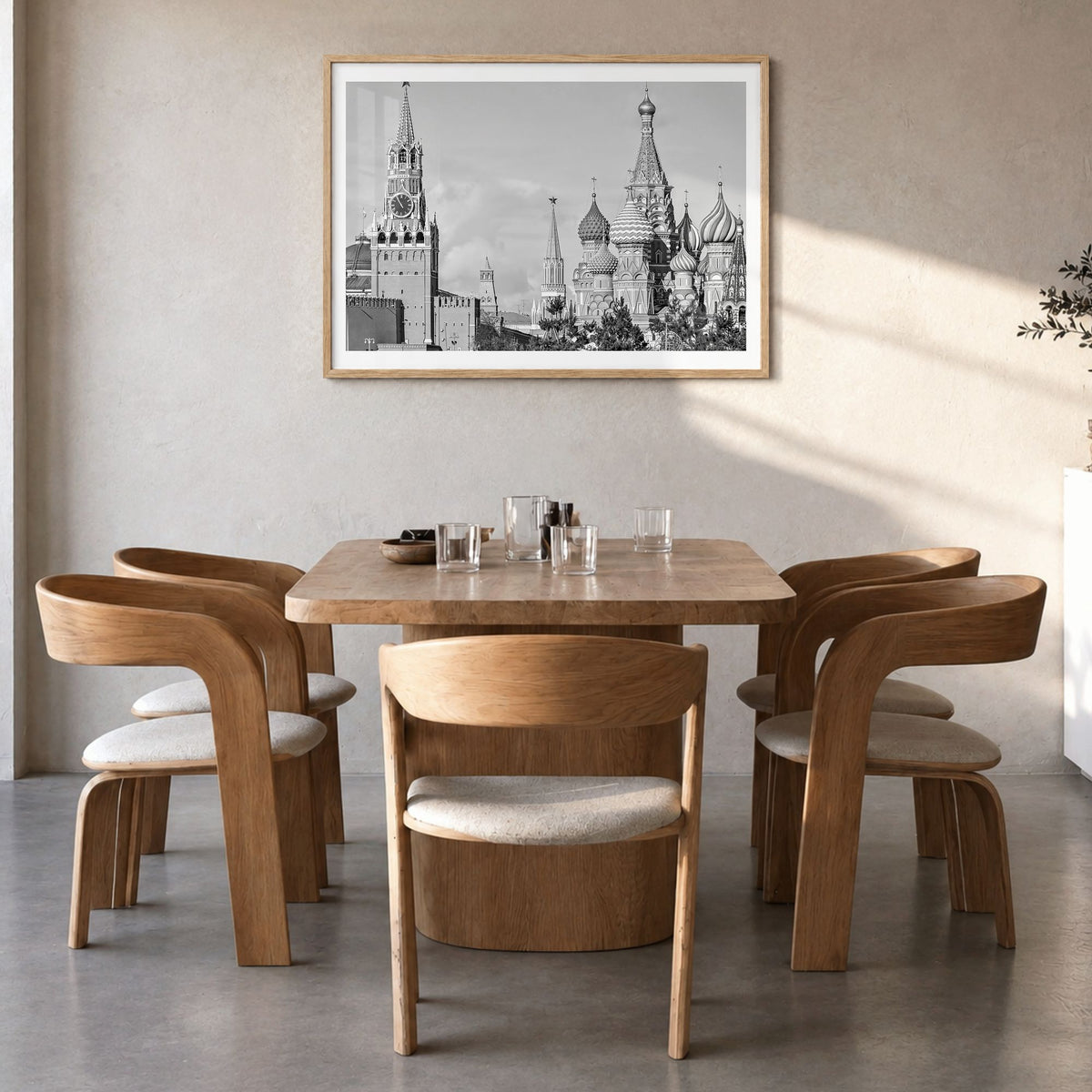 Moscow, Russia Photo Poster in a natural wood frame, hanging in a dining room, white border