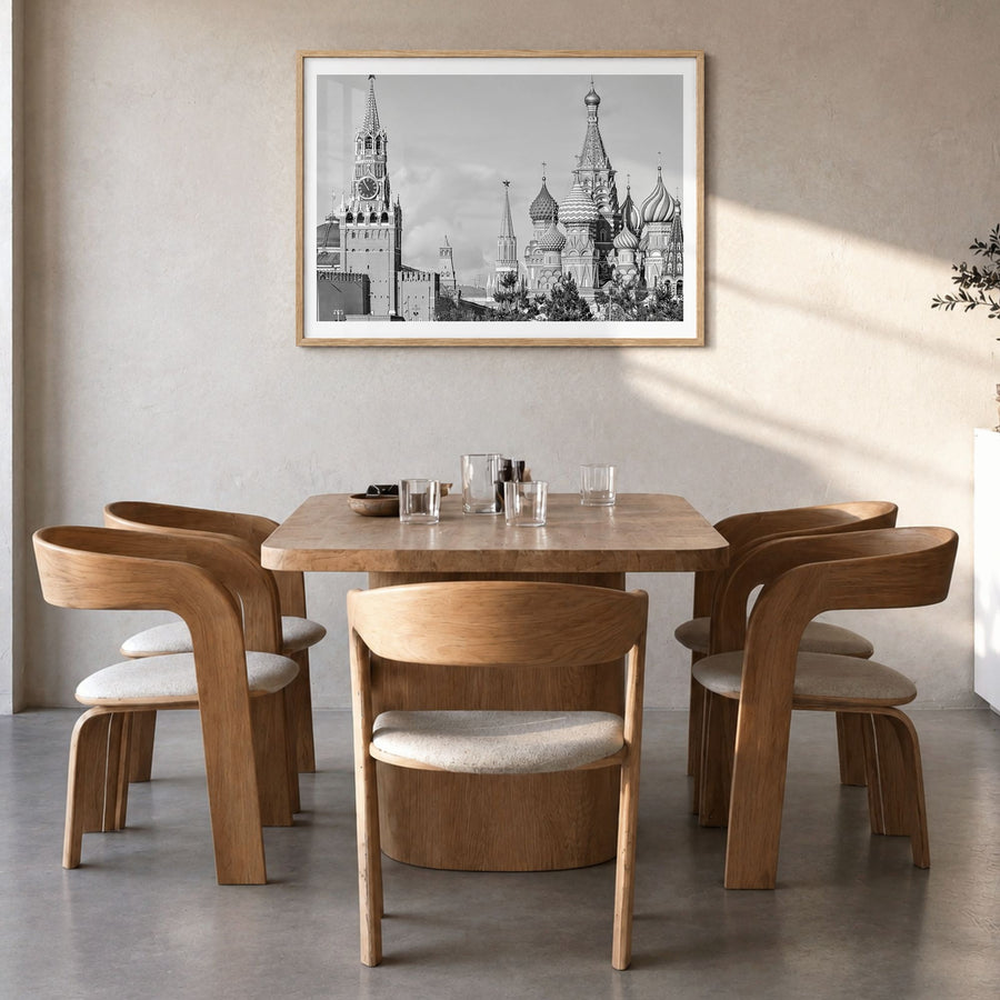 Moscow, Russia Photo Poster in a natural wood frame, hanging in a dining room, white border
