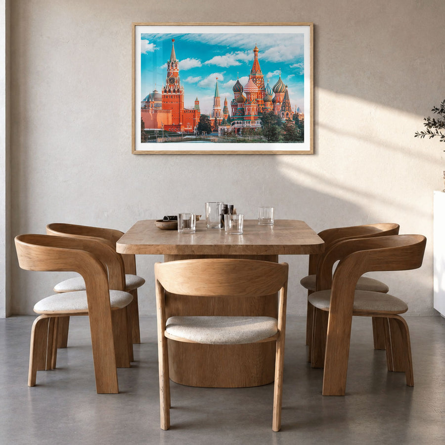 Moscow, Russia Photo Poster in a natural wood frame, hanging in a dining room, white border