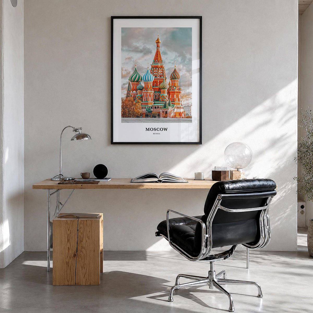 Moscow, Russia no. 1 colorful classic poster of Russia – vertical wall art in black wood frame, hanging on wall