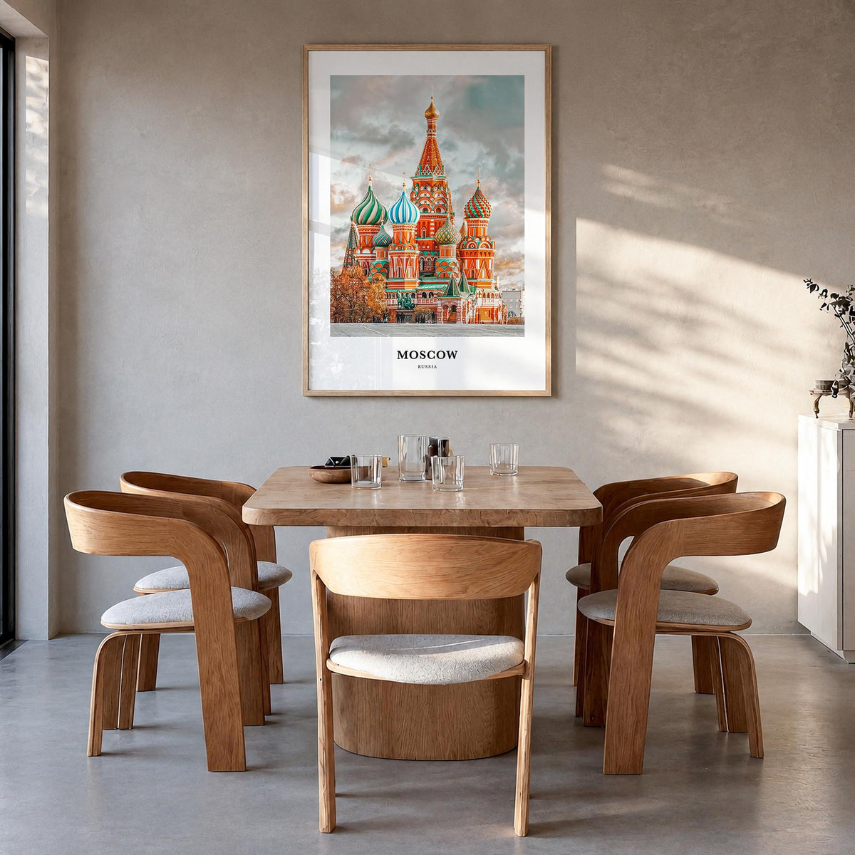 Moscow, Russia no. 1 colorful classic poster of Russia – vertical wall art in natural wood frame, hanging on wall