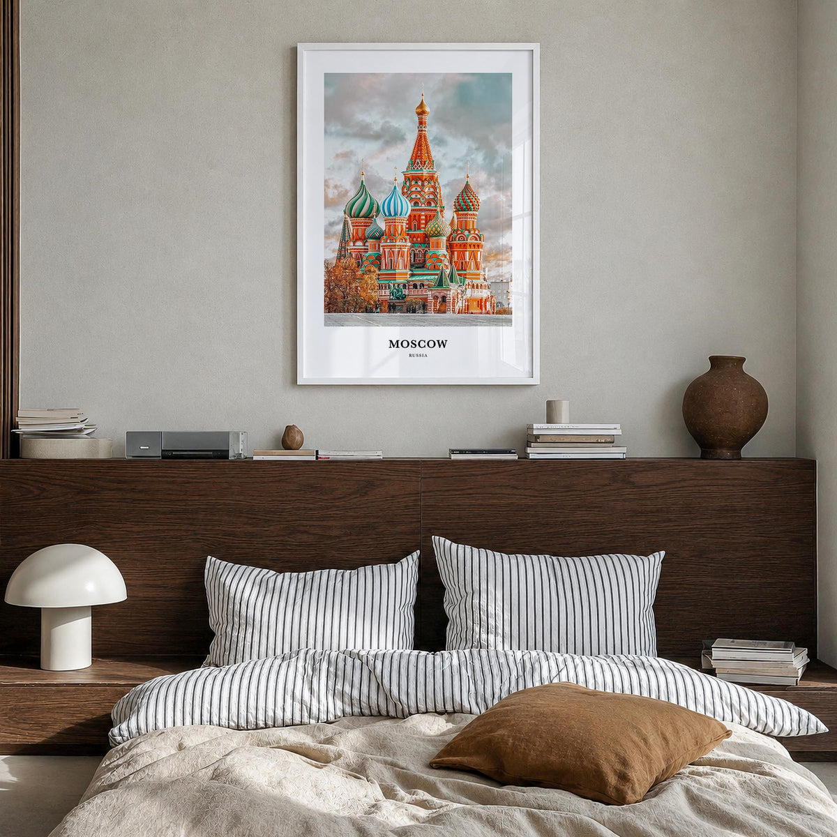 Moscow, Russia no. 1 colorful classic poster of Russia – vertical wall art in white wood frame, hanging on wall