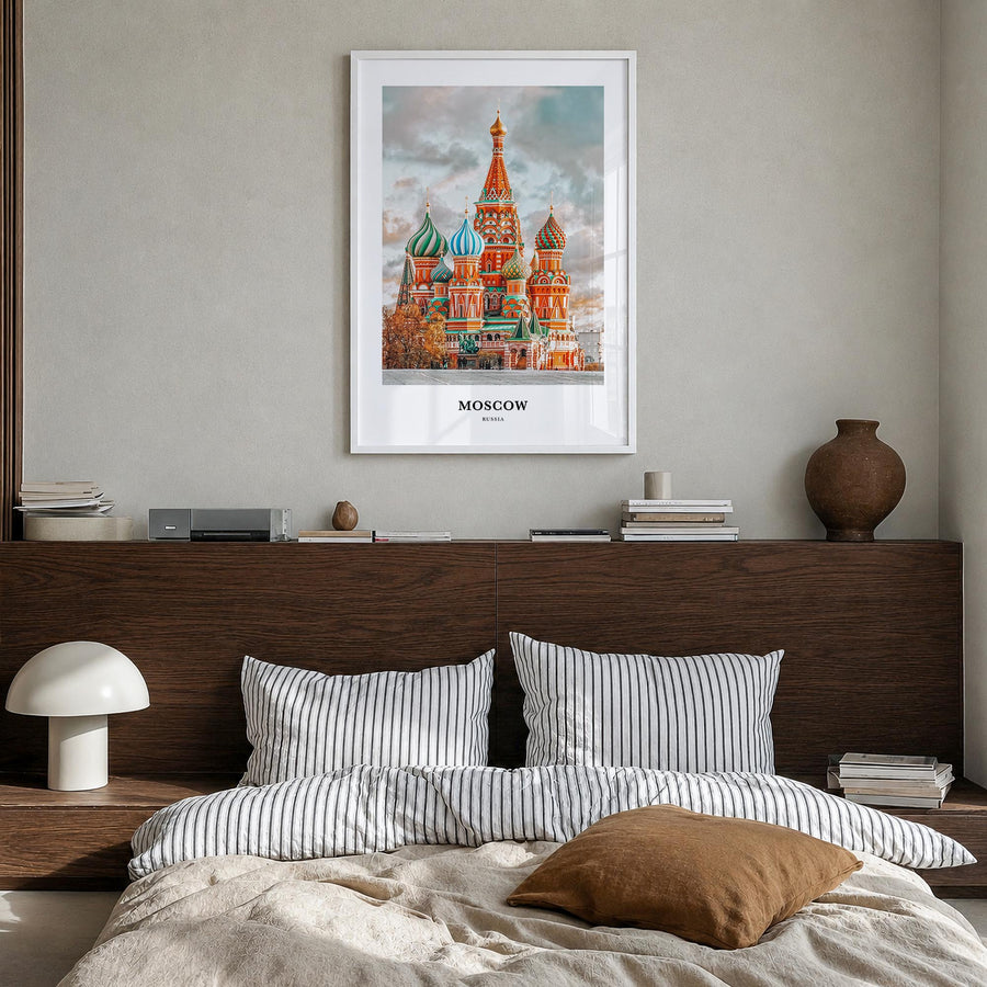 Moscow, Russia no. 1 colorful classic poster of Russia – vertical wall art in white wood frame, hanging on wall