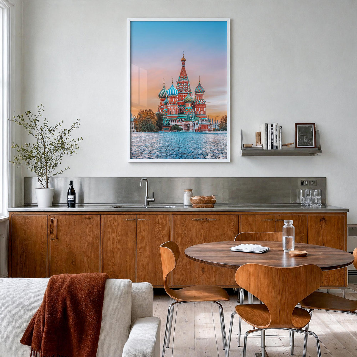Moscow, Russia no. 1 colorful photo poster of Russia – vertical wall art in white wood frame, hanging on wall