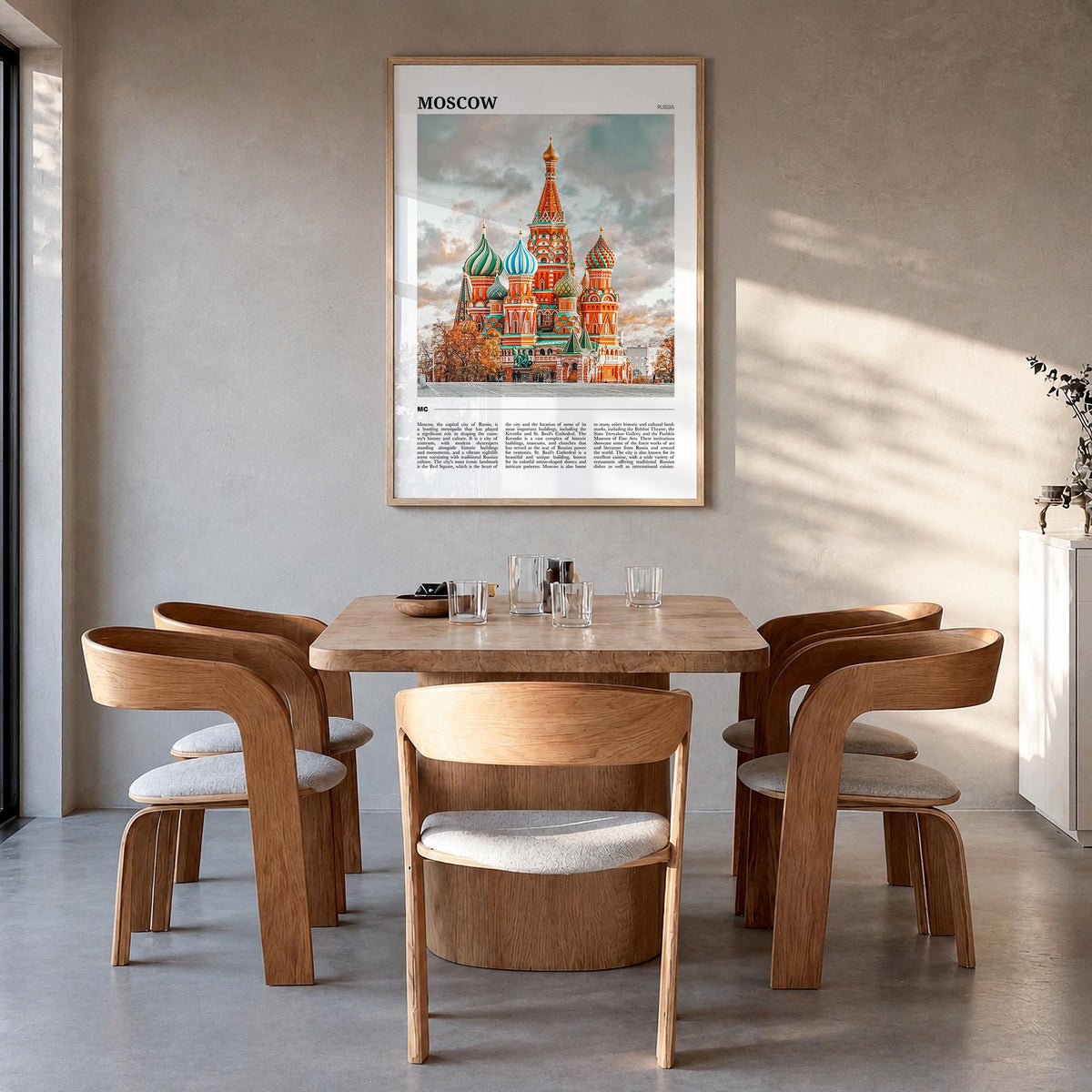 Moscow, Russia no. 1 colorful travel poster of Russia – vertical wall art in natural wood frame, hanging on wall
