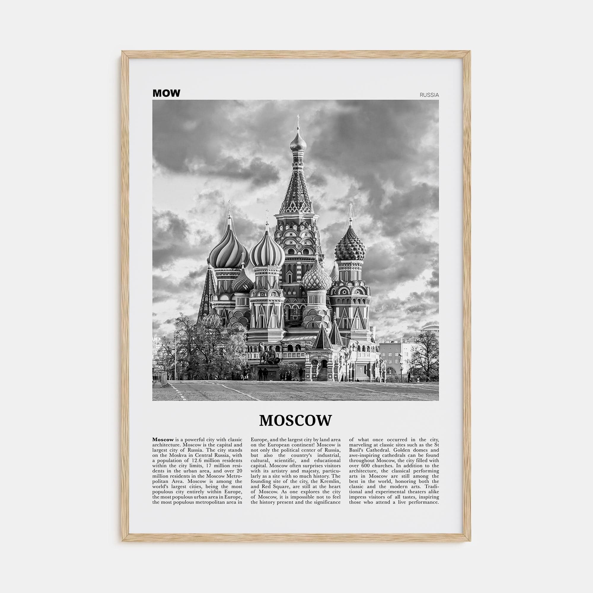 Moscow, Russia No 1 Poster Natural Wood / 8x12 in Nbourhood Travel B&W Poster