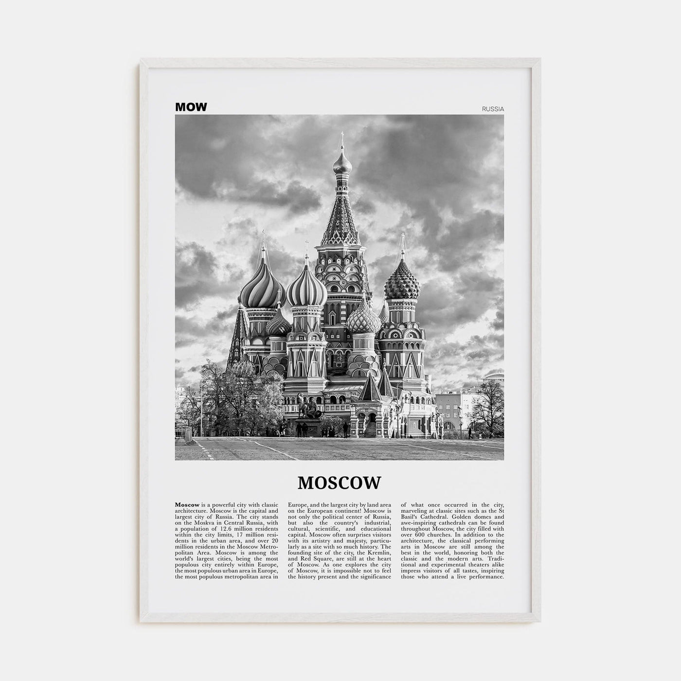 Moscow, Russia No 1 Poster White Wood / 8x12 in Nbourhood Travel B&W Poster