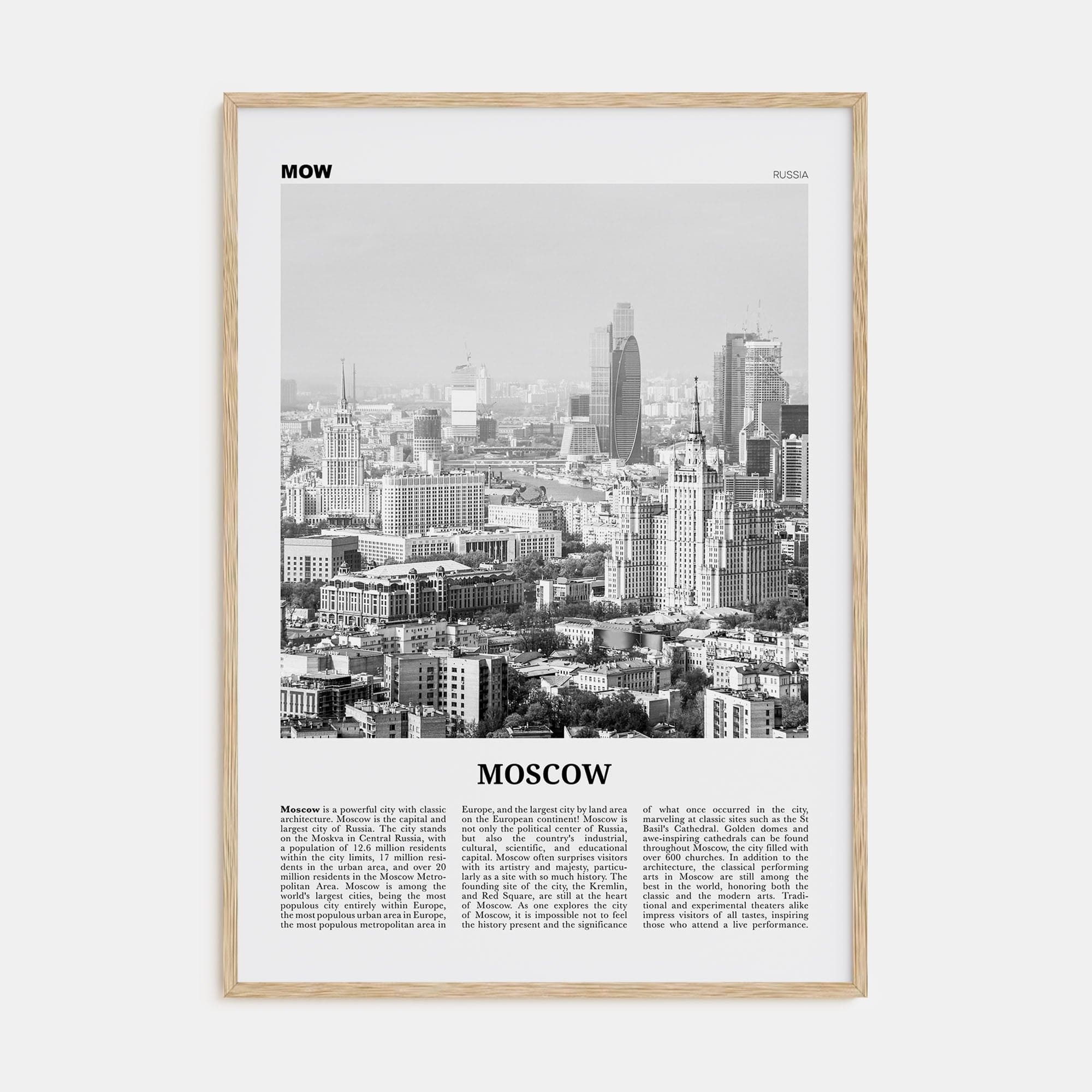 Moscow, Russia No 2 Poster Natural Wood / 8x12 in Nbourhood Travel B&W Poster