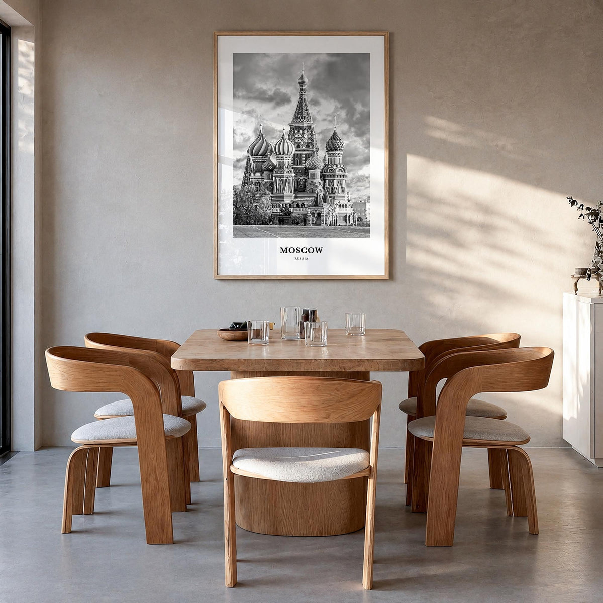 Moscow, Russia no. 3 black & white classic poster of Russia – vertical wall art in natural wood frame, hanging on wall