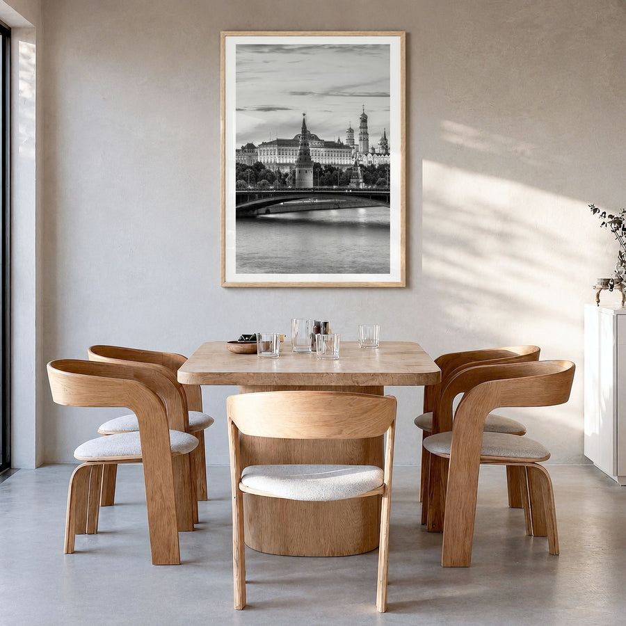 Moscow, Russia Photo Poster in a natural wood frame, hanging in a dining room, white border