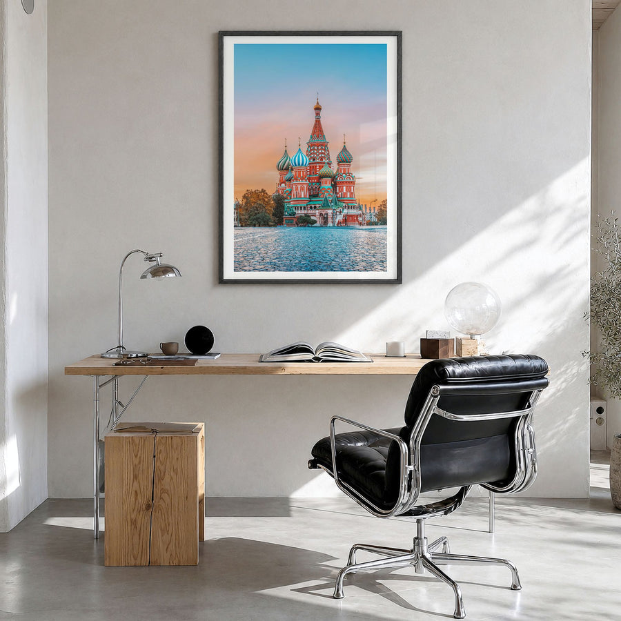 Moscow, Russia Photo No 1 Poster in a black wood frame, hanging in a bright home office, white border