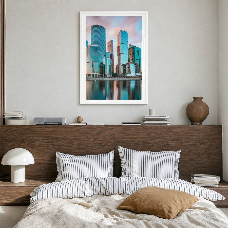 Moscow, Russia Photo No 2 Poster in a white wood frame, hanging in a bedroom, white border