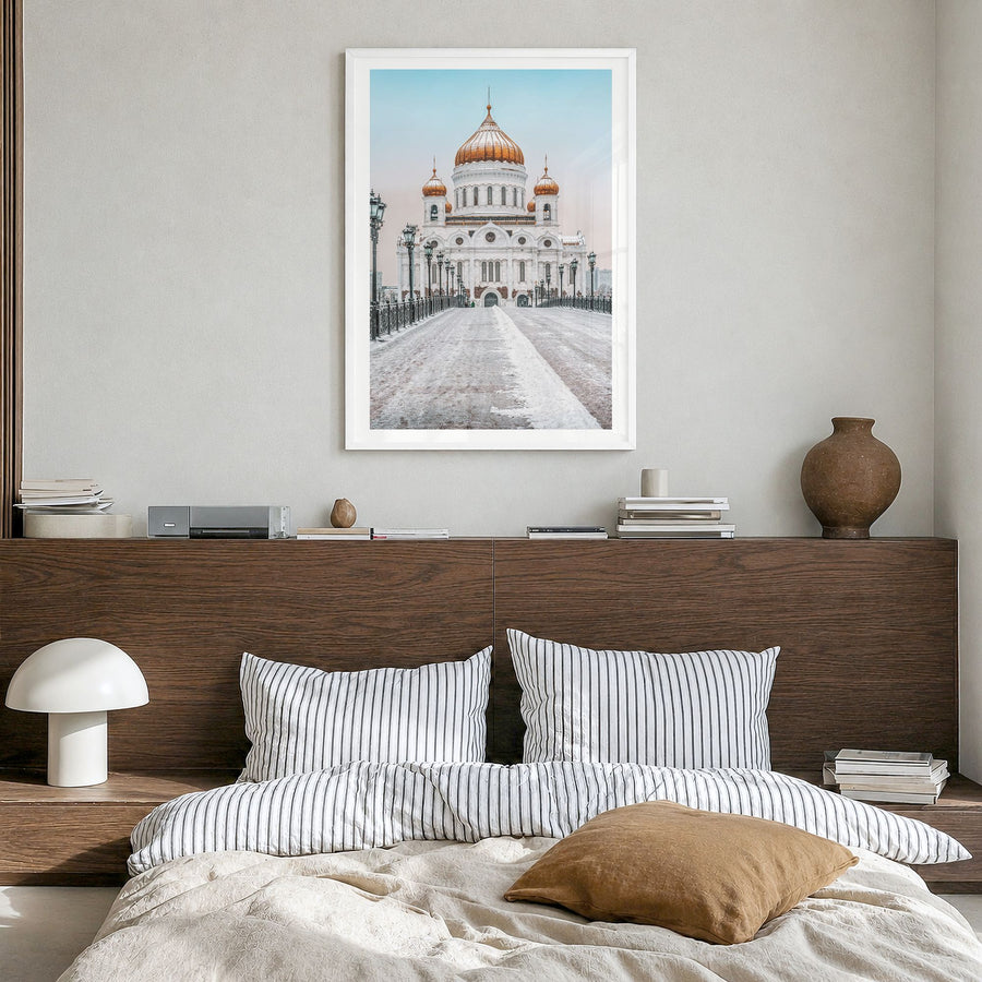 Moscow, Russia Photo No 3 Poster in a white wood frame, hanging in a bedroom, white border