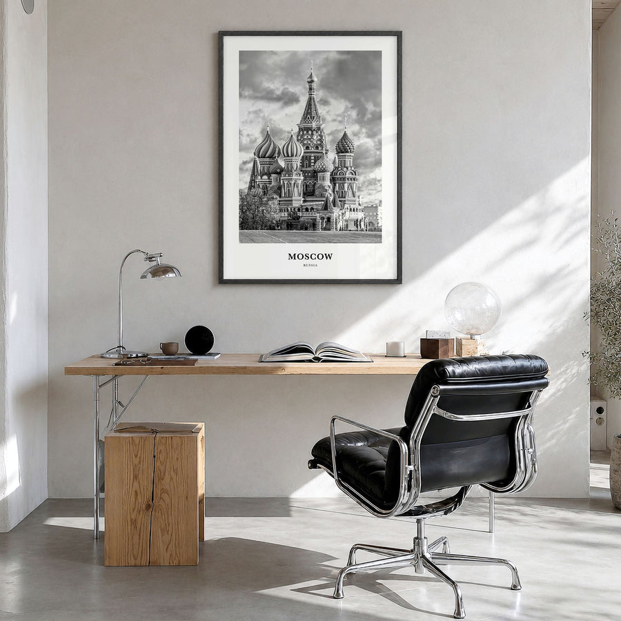 Moscow, Russia Classic No 3 Poster in a black wood frame, hanging in a bright home office