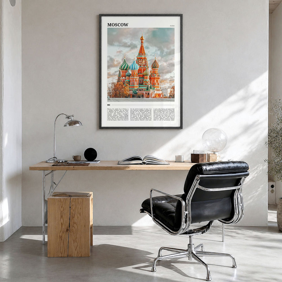 Moscow, Russia Travel No 1 Poster in a black wood frame, hanging in a bright home office