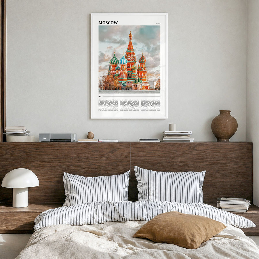 Moscow, Russia Travel No 1 Poster in a white wood frame, hanging in a bedroom