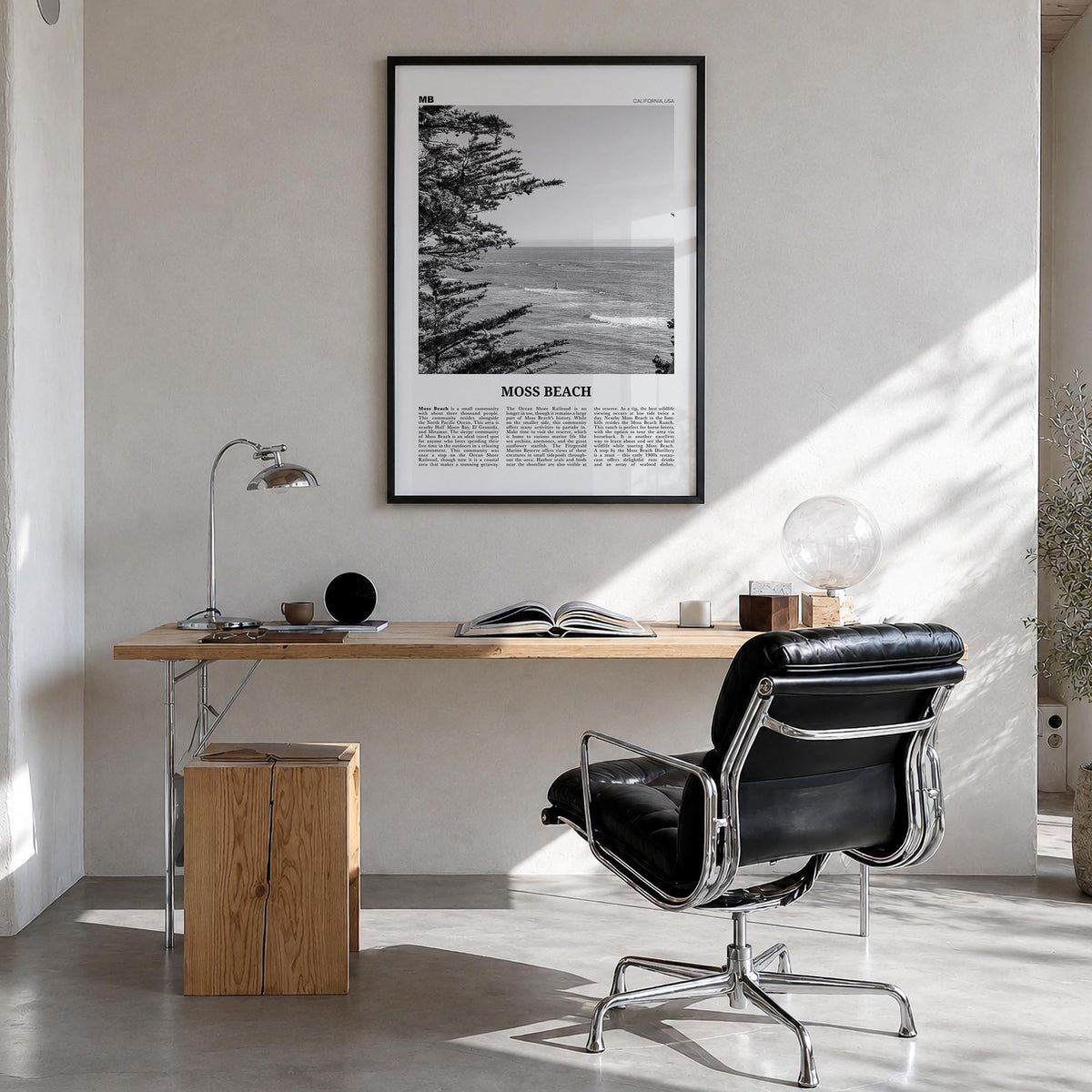 Moss Beach black & white newspaper poster of California, USA – vertical wall art in black wood frame, hanging on wall