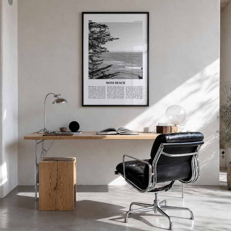 Moss Beach black & white newspaper poster of California, USA – vertical wall art in black wood frame, hanging on wall