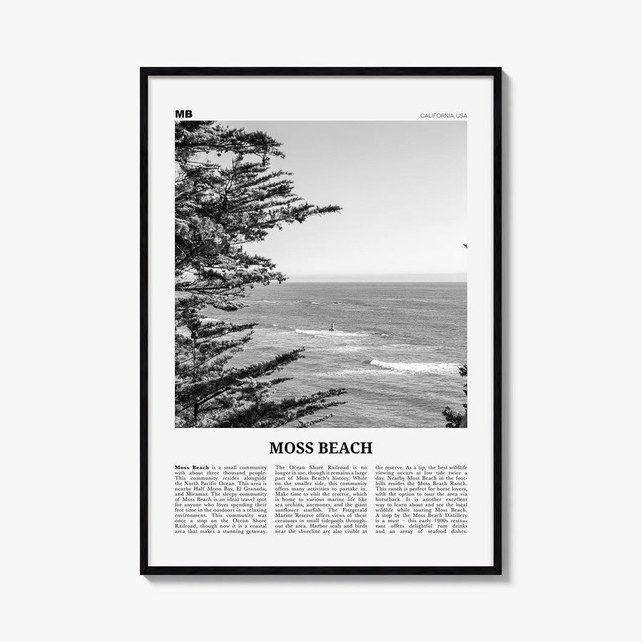 Moss Beach black & white newspaper poster of California, USA – vertical wall art, unframed print shown in interior mockup