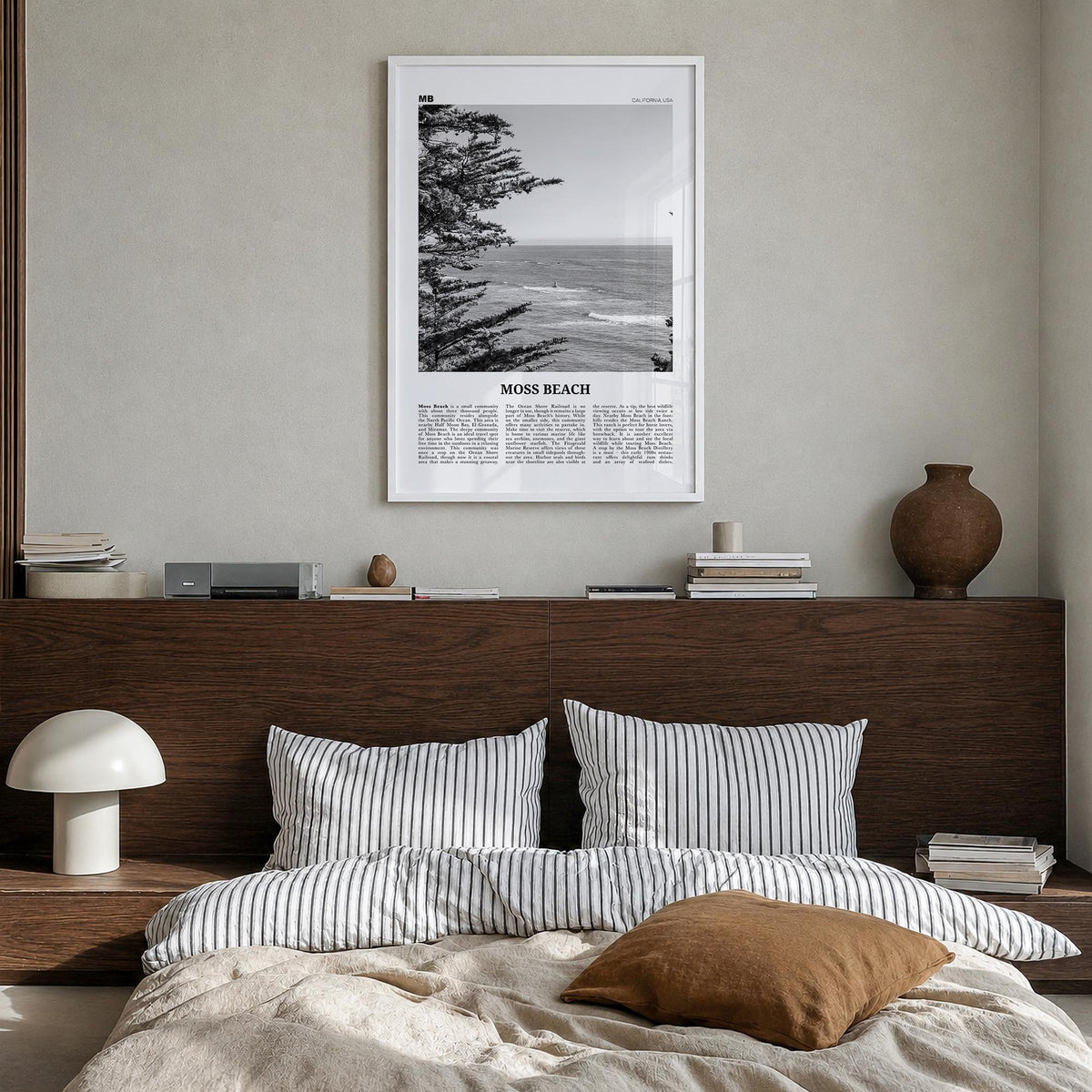 Moss Beach black & white newspaper poster of California, USA – vertical wall art in white wood frame, hanging on wall