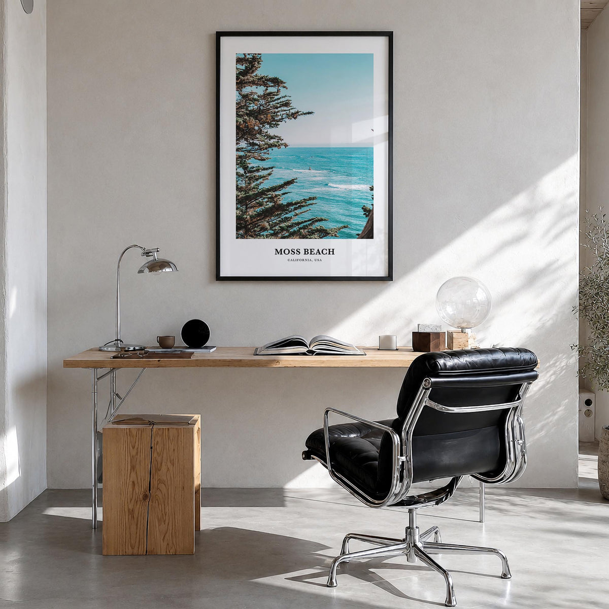 Moss Beach colorful classic poster of California, USA – vertical wall art in black wood frame, hanging on wall