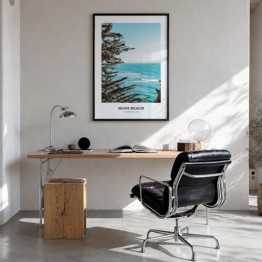 Moss Beach colorful classic poster of California, USA – vertical wall art in black wood frame, hanging on wall