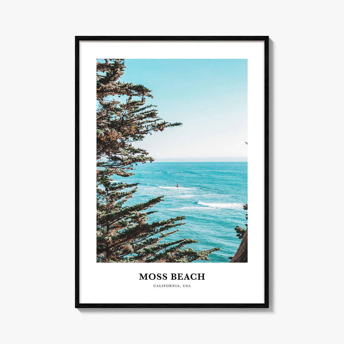 Moss Beach colorful classic poster of California, USA – vertical wall art, unframed print shown in interior mockup