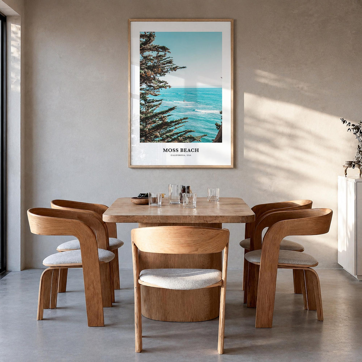 Moss Beach colorful classic poster of California, USA – vertical wall art in natural wood frame, hanging on wall