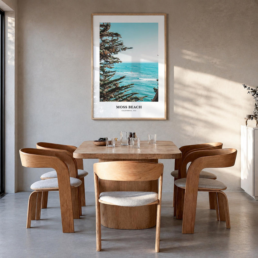Moss Beach colorful classic poster of California, USA – vertical wall art in natural wood frame, hanging on wall