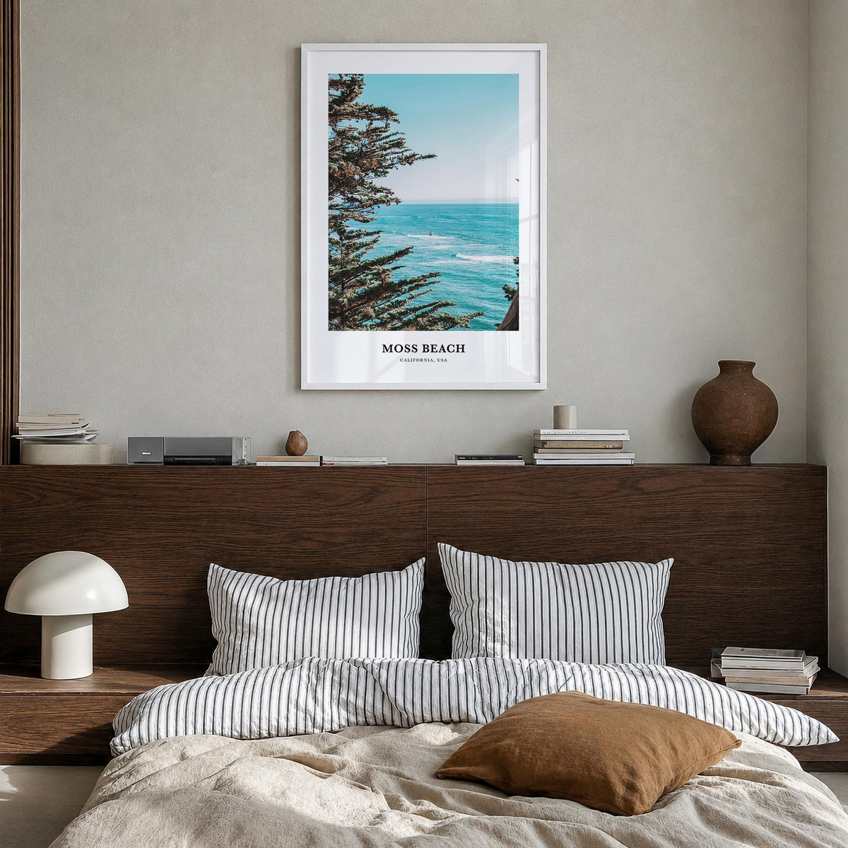 Moss Beach colorful classic poster of California, USA – vertical wall art in white wood frame, hanging on wall