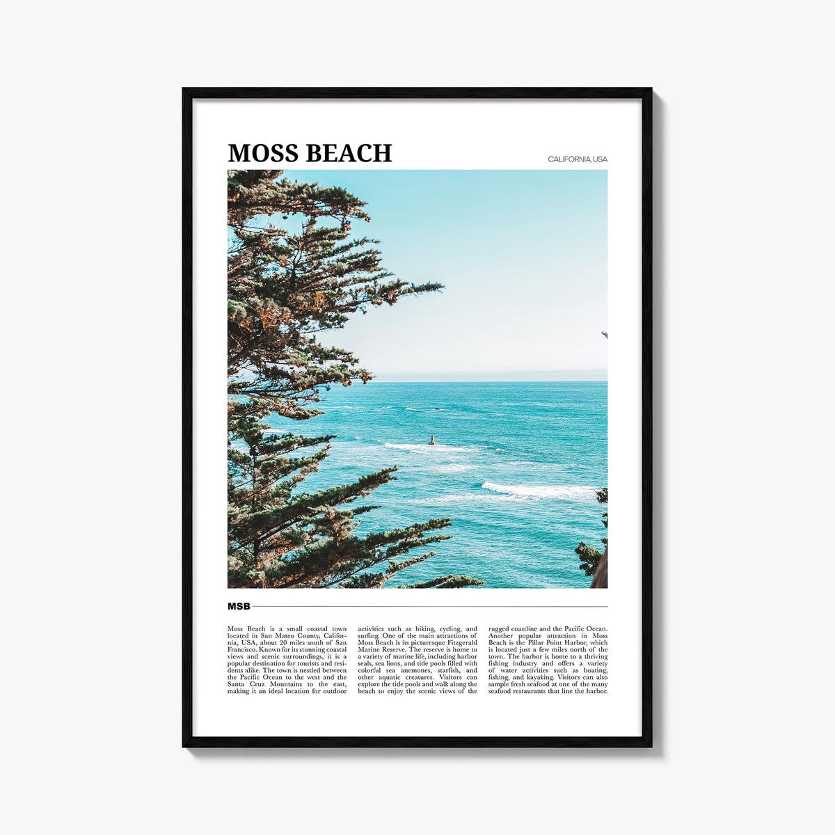 Moss Beach colorful travel poster of California, USA – vertical wall art, unframed print shown in interior mockup