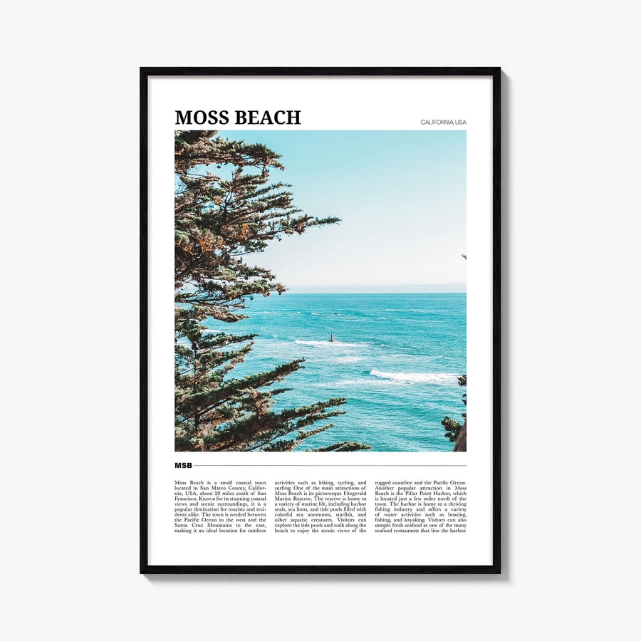 Moss Beach colorful travel poster of California, USA – vertical wall art, unframed print shown in interior mockup